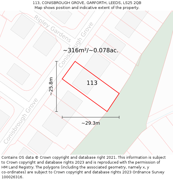 113, CONISBROUGH GROVE, GARFORTH, LEEDS, LS25 2QB: Plot and title map