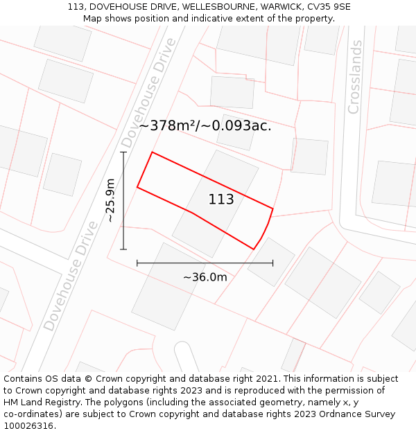 113, DOVEHOUSE DRIVE, WELLESBOURNE, WARWICK, CV35 9SE: Plot and title map