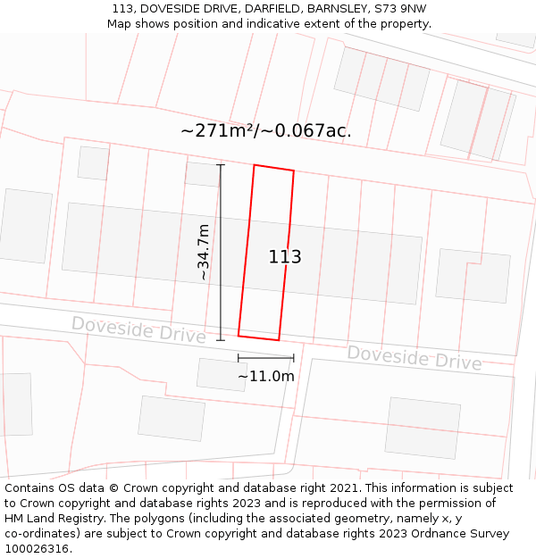 113, DOVESIDE DRIVE, DARFIELD, BARNSLEY, S73 9NW: Plot and title map