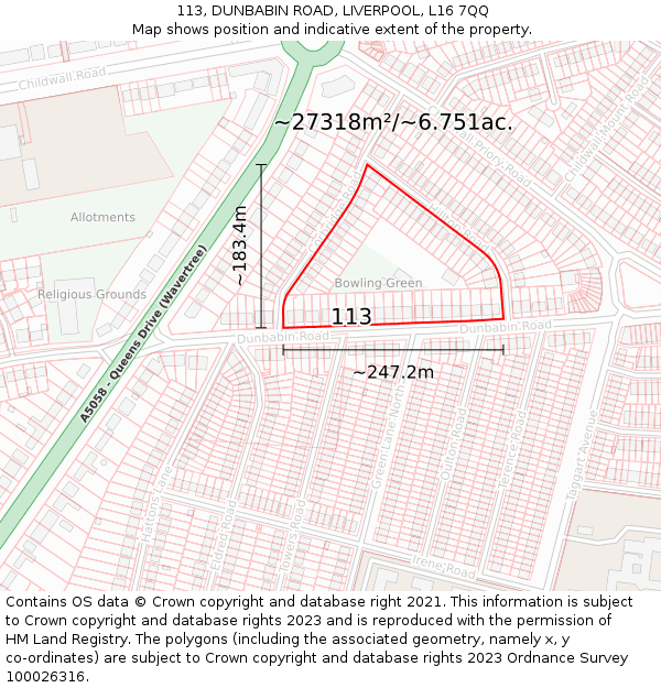 113, DUNBABIN ROAD, LIVERPOOL, L16 7QQ: Plot and title map