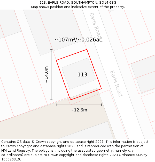 113, EARLS ROAD, SOUTHAMPTON, SO14 6SG: Plot and title map
