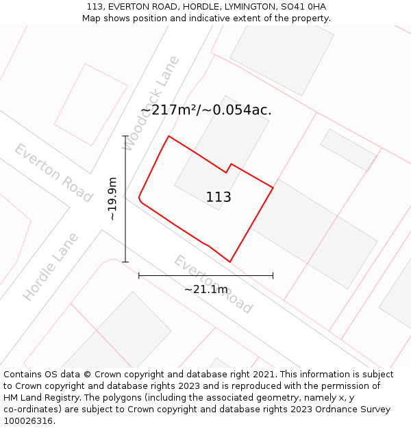 113, EVERTON ROAD, HORDLE, LYMINGTON, SO41 0HA: Plot and title map