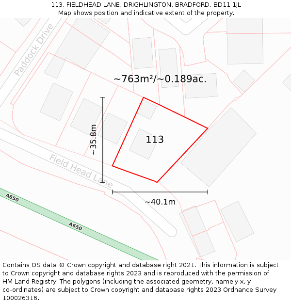 113, FIELDHEAD LANE, DRIGHLINGTON, BRADFORD, BD11 1JL: Plot and title map