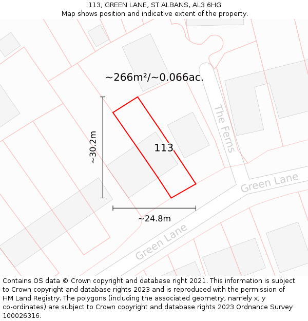 113, GREEN LANE, ST ALBANS, AL3 6HG: Plot and title map
