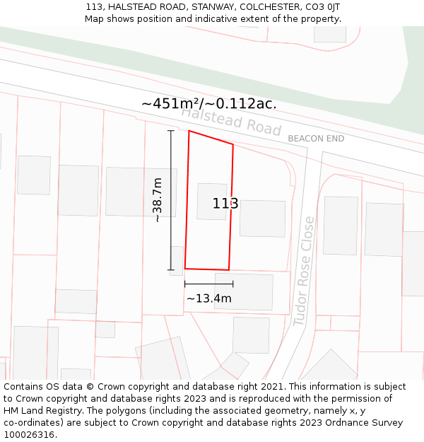 113, HALSTEAD ROAD, STANWAY, COLCHESTER, CO3 0JT: Plot and title map