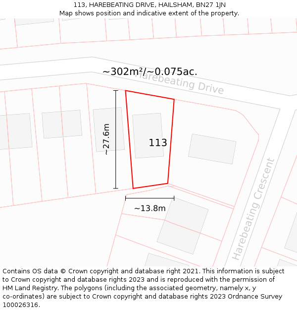 113, HAREBEATING DRIVE, HAILSHAM, BN27 1JN: Plot and title map