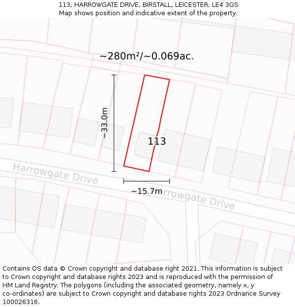113, HARROWGATE DRIVE, BIRSTALL, LEICESTER, LE4 3GS: Plot and title map