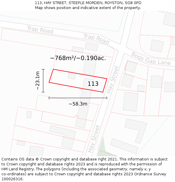 113, HAY STREET, STEEPLE MORDEN, ROYSTON, SG8 0PD: Plot and title map
