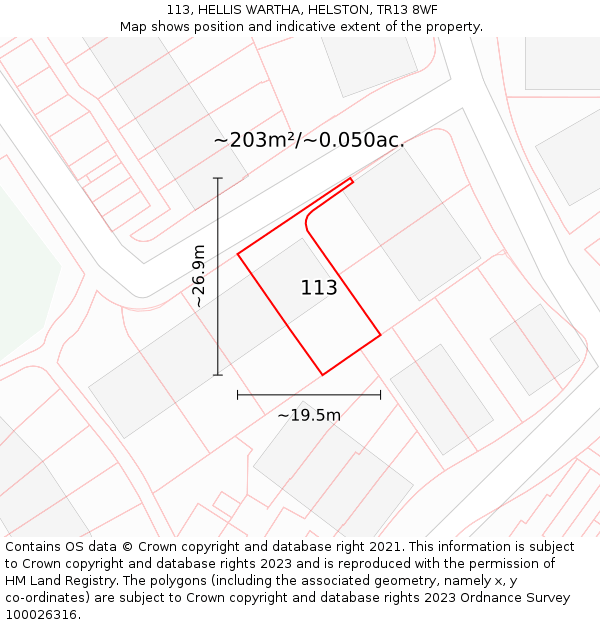 113, HELLIS WARTHA, HELSTON, TR13 8WF: Plot and title map