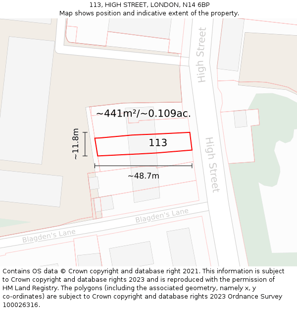 113, HIGH STREET, LONDON, N14 6BP: Plot and title map