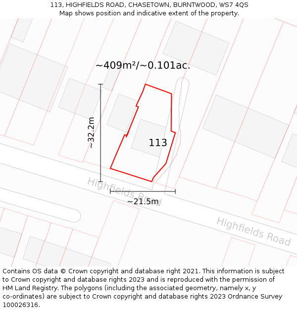 113, HIGHFIELDS ROAD, CHASETOWN, BURNTWOOD, WS7 4QS: Plot and title map