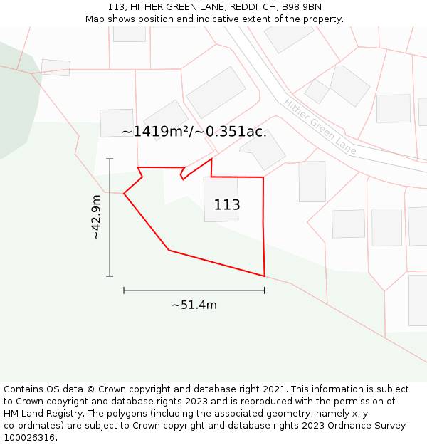 113, HITHER GREEN LANE, REDDITCH, B98 9BN: Plot and title map