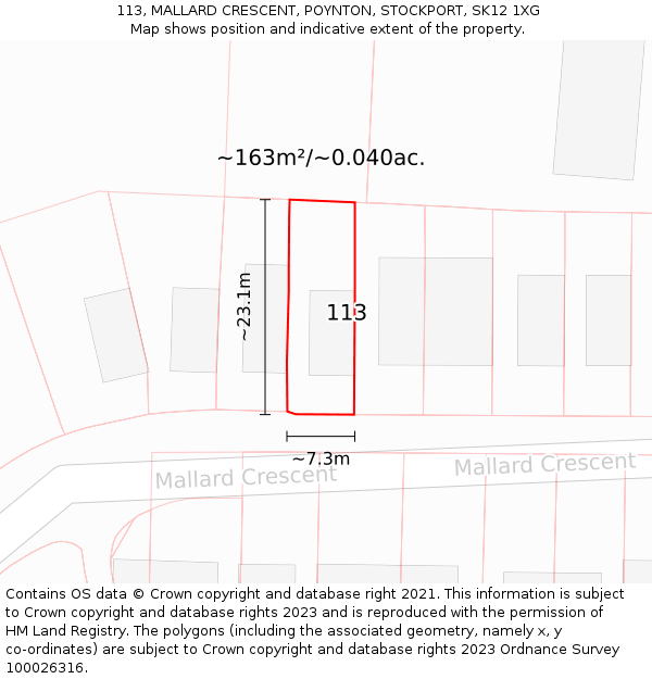 113, MALLARD CRESCENT, POYNTON, STOCKPORT, SK12 1XG: Plot and title map