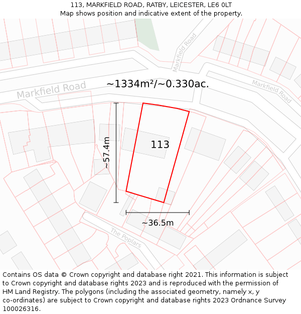 113, MARKFIELD ROAD, RATBY, LEICESTER, LE6 0LT: Plot and title map