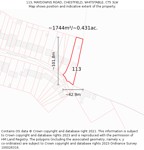 113, MAYDOWNS ROAD, CHESTFIELD, WHITSTABLE, CT5 3LW: Plot and title map