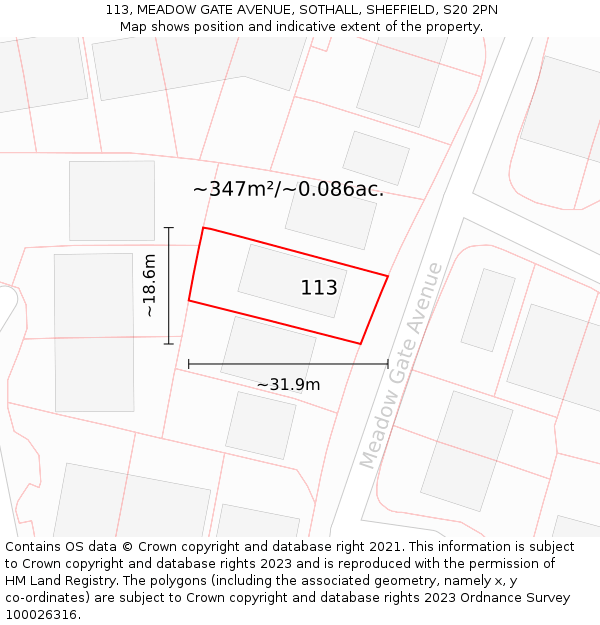 113, MEADOW GATE AVENUE, SOTHALL, SHEFFIELD, S20 2PN: Plot and title map
