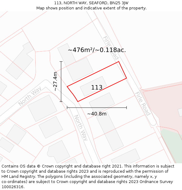 113, NORTH WAY, SEAFORD, BN25 3JW: Plot and title map