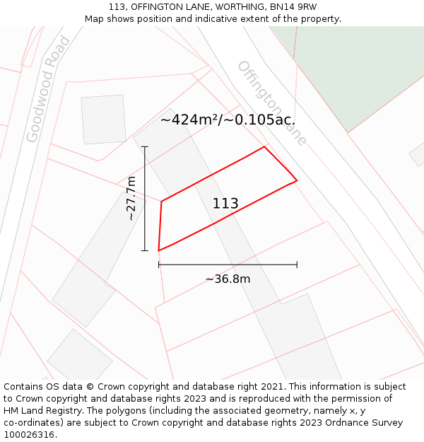 113, OFFINGTON LANE, WORTHING, BN14 9RW: Plot and title map