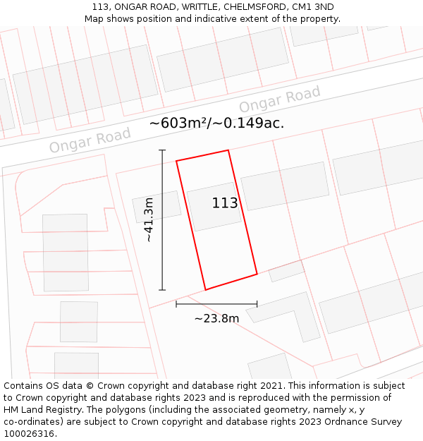 113, ONGAR ROAD, WRITTLE, CHELMSFORD, CM1 3ND: Plot and title map