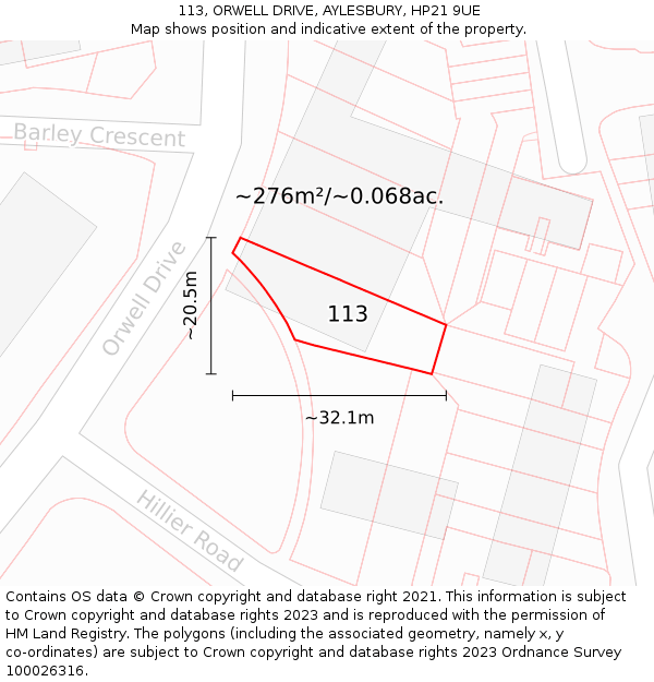 113, ORWELL DRIVE, AYLESBURY, HP21 9UE: Plot and title map