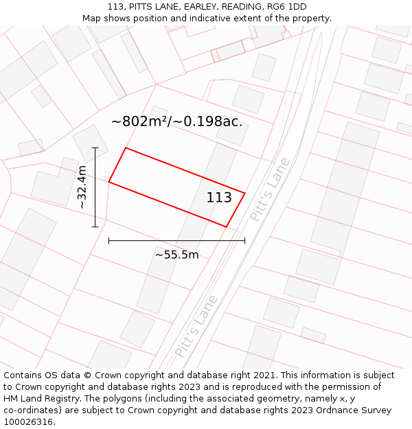 113, PITTS LANE, EARLEY, READING, RG6 1DD: Plot and title map