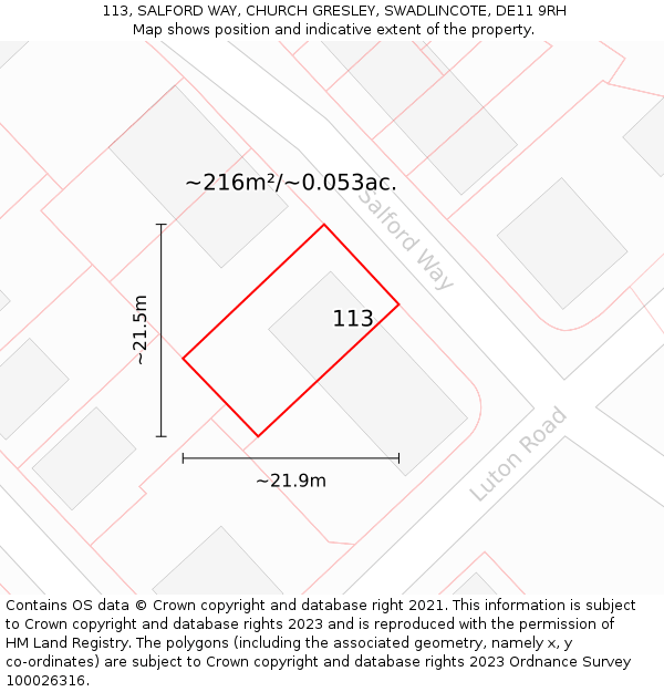 113, SALFORD WAY, CHURCH GRESLEY, SWADLINCOTE, DE11 9RH: Plot and title map