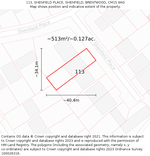 113, SHENFIELD PLACE, SHENFIELD, BRENTWOOD, CM15 9AG: Plot and title map