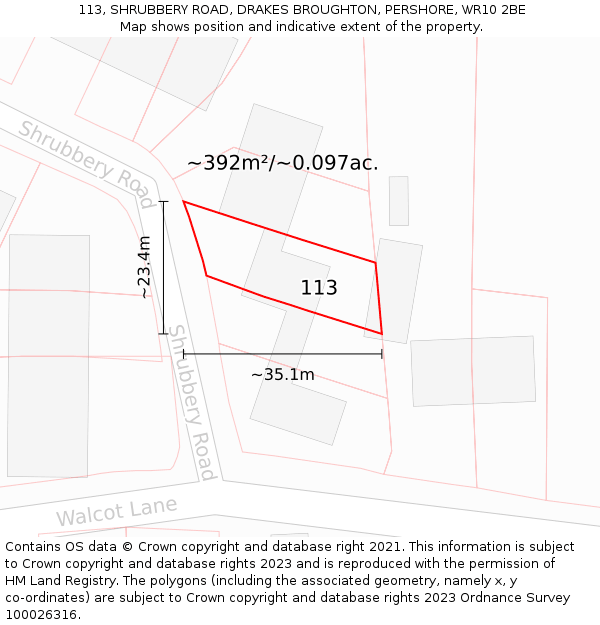 113, SHRUBBERY ROAD, DRAKES BROUGHTON, PERSHORE, WR10 2BE: Plot and title map