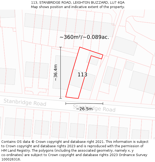 113, STANBRIDGE ROAD, LEIGHTON BUZZARD, LU7 4QA: Plot and title map