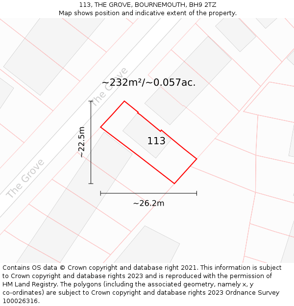 113, THE GROVE, BOURNEMOUTH, BH9 2TZ: Plot and title map
