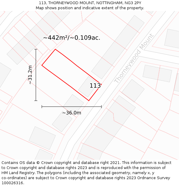 113, THORNEYWOOD MOUNT, NOTTINGHAM, NG3 2PY: Plot and title map