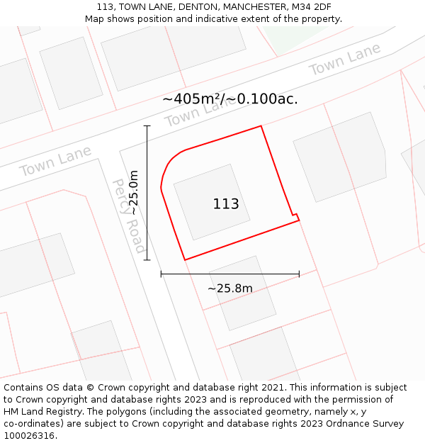 113, TOWN LANE, DENTON, MANCHESTER, M34 2DF: Plot and title map