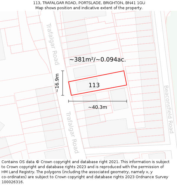 113, TRAFALGAR ROAD, PORTSLADE, BRIGHTON, BN41 1GU: Plot and title map