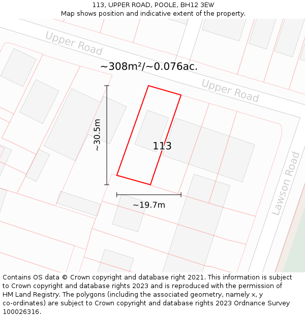 113, UPPER ROAD, POOLE, BH12 3EW: Plot and title map