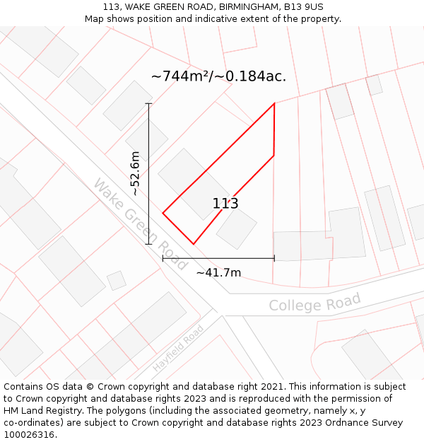 113, WAKE GREEN ROAD, BIRMINGHAM, B13 9US: Plot and title map