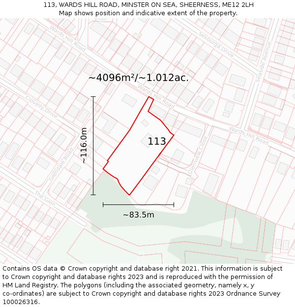 113, WARDS HILL ROAD, MINSTER ON SEA, SHEERNESS, ME12 2LH: Plot and title map