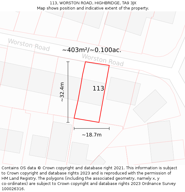113, WORSTON ROAD, HIGHBRIDGE, TA9 3JX: Plot and title map