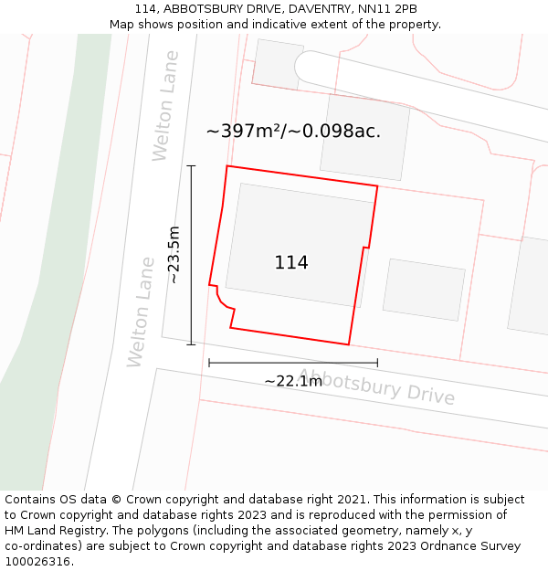 114, ABBOTSBURY DRIVE, DAVENTRY, NN11 2PB: Plot and title map