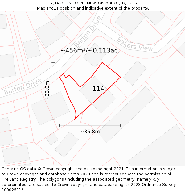 114, BARTON DRIVE, NEWTON ABBOT, TQ12 1YU: Plot and title map