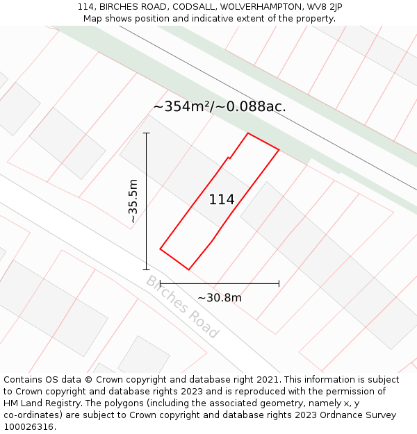 114, BIRCHES ROAD, CODSALL, WOLVERHAMPTON, WV8 2JP: Plot and title map