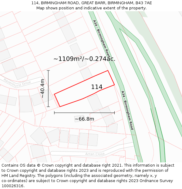 114, BIRMINGHAM ROAD, GREAT BARR, BIRMINGHAM, B43 7AE: Plot and title map