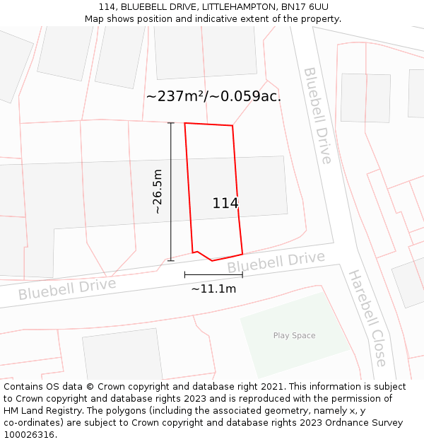 114, BLUEBELL DRIVE, LITTLEHAMPTON, BN17 6UU: Plot and title map