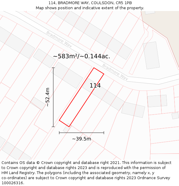 114, BRADMORE WAY, COULSDON, CR5 1PB: Plot and title map