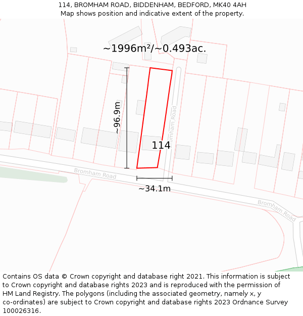 114, BROMHAM ROAD, BIDDENHAM, BEDFORD, MK40 4AH: Plot and title map
