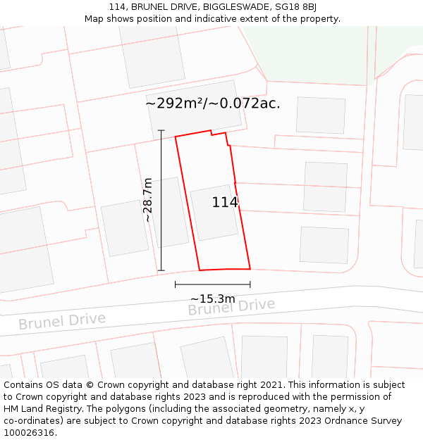 114, BRUNEL DRIVE, BIGGLESWADE, SG18 8BJ: Plot and title map