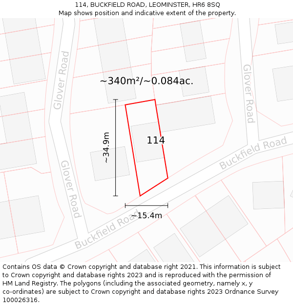 114, BUCKFIELD ROAD, LEOMINSTER, HR6 8SQ: Plot and title map