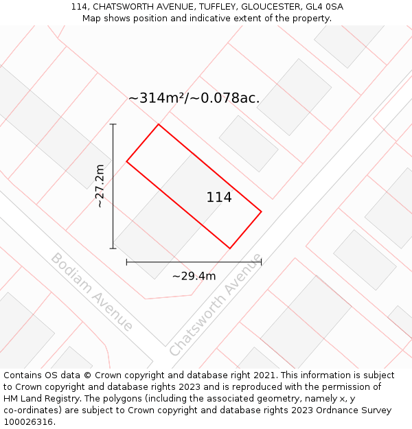 114, CHATSWORTH AVENUE, TUFFLEY, GLOUCESTER, GL4 0SA: Plot and title map