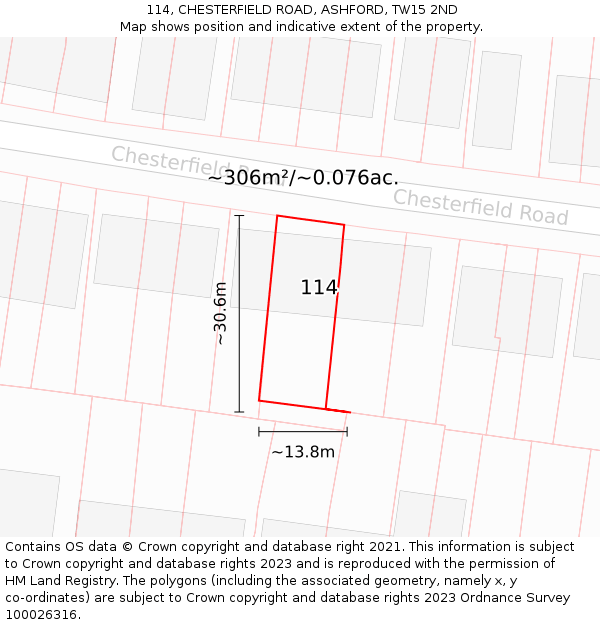 114, CHESTERFIELD ROAD, ASHFORD, TW15 2ND: Plot and title map