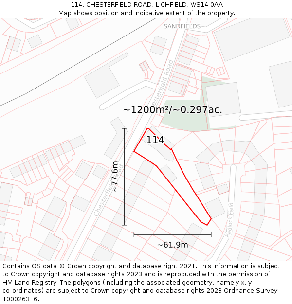 114, CHESTERFIELD ROAD, LICHFIELD, WS14 0AA: Plot and title map