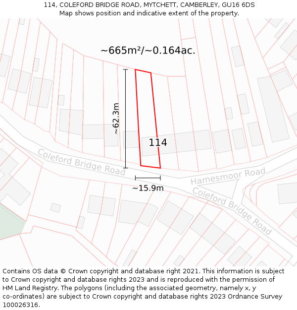 114, COLEFORD BRIDGE ROAD, MYTCHETT, CAMBERLEY, GU16 6DS: Plot and title map